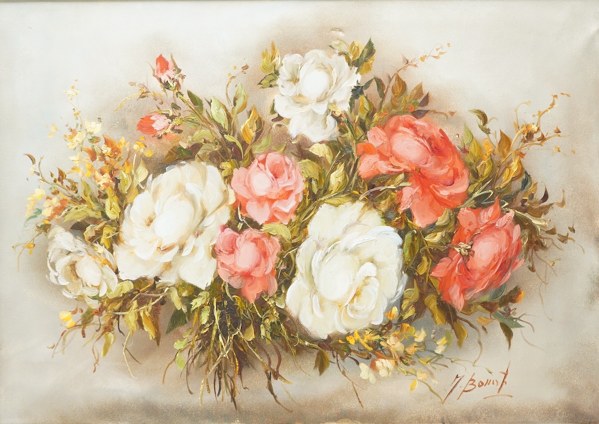 Manuela Bonati (Spanish, b.1949), ‘Garden Blooms’, signed, with booklet, oil on canvas, 49 x 69cm